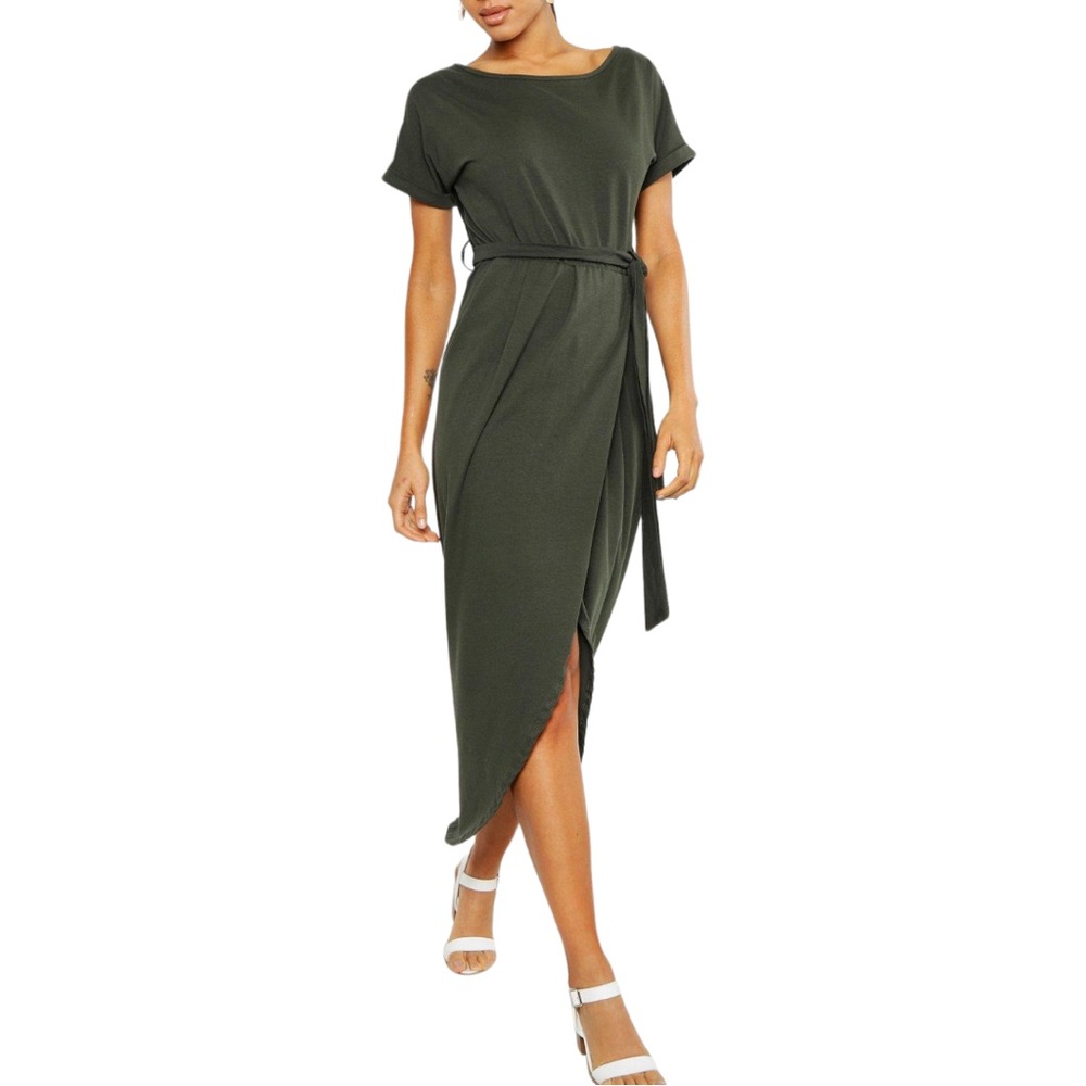Asymmetrical Olive Green Belted T-Shirt Dress size L